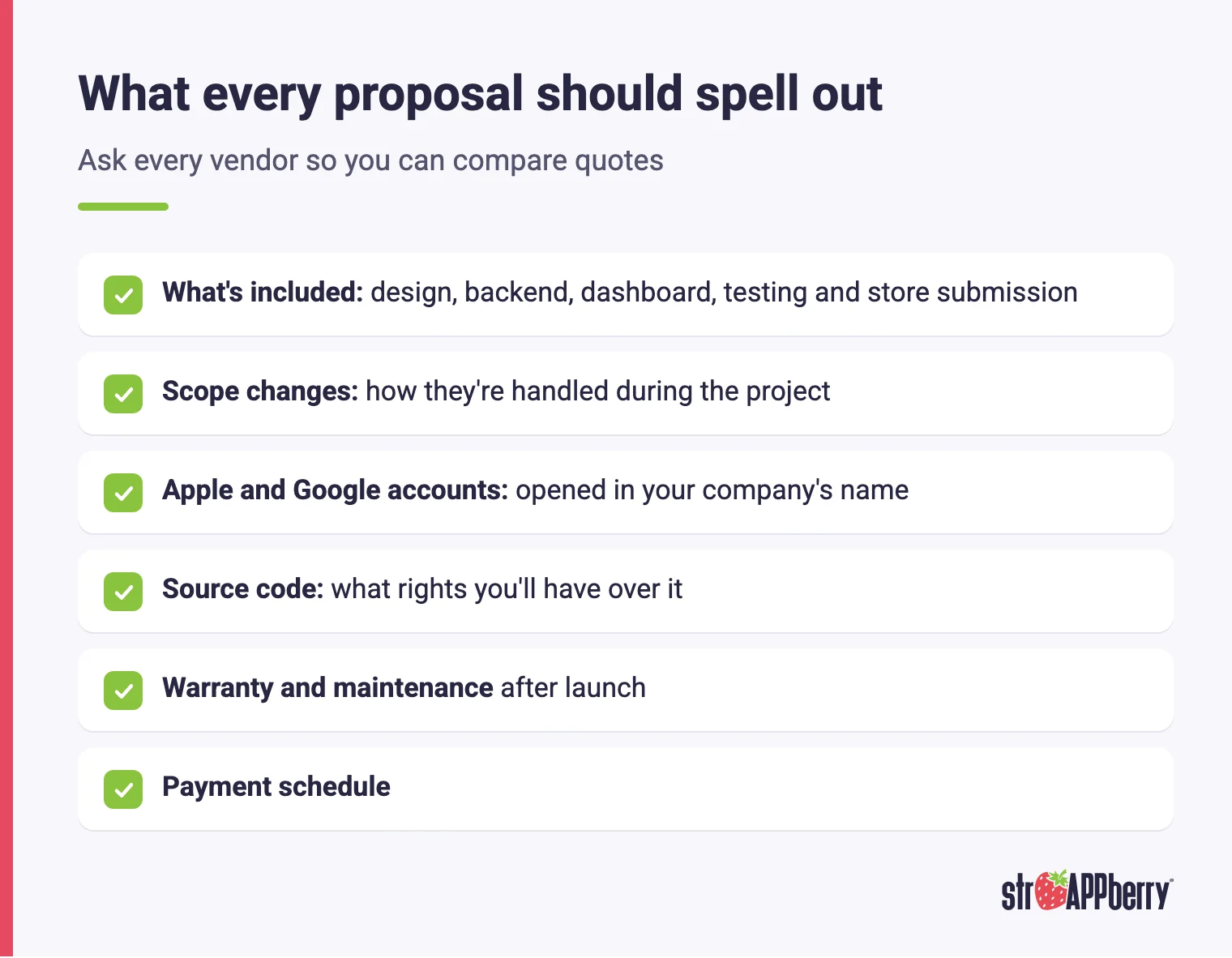 Checklist for comparing app development quotes: scope, changes, Apple and Google accounts, source code, warranty and payments